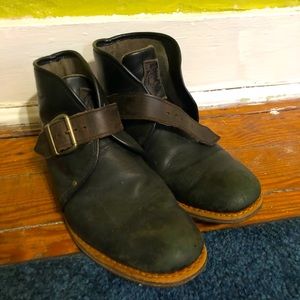 Mens Black leather Caterpillar boots with buckle